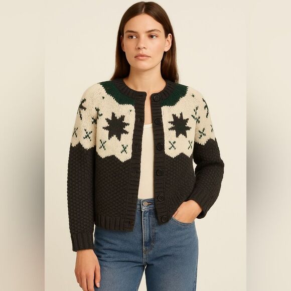 L.L. Bean Sweaters - Vintage L.L. Bean Snowflake Fair Isle Cotton Knit Cardigan Sweater M